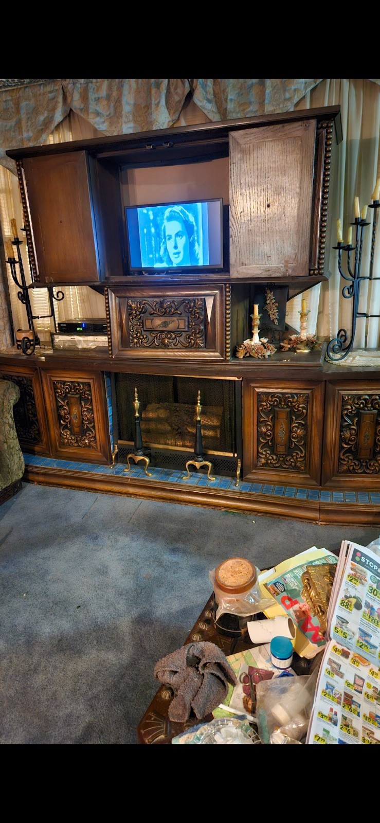 1970s Ornate Wood Entertainment Center w/ Fireplace & TV Cab