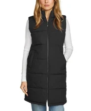 Eddie Bauer Womens Puffer Vest Black Long Hood Pockets Sleeveless Lightweight