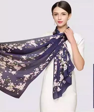 100% Silk mulberry Women Scarf neckerchief Shawl Wrap floral navy blue red MY135