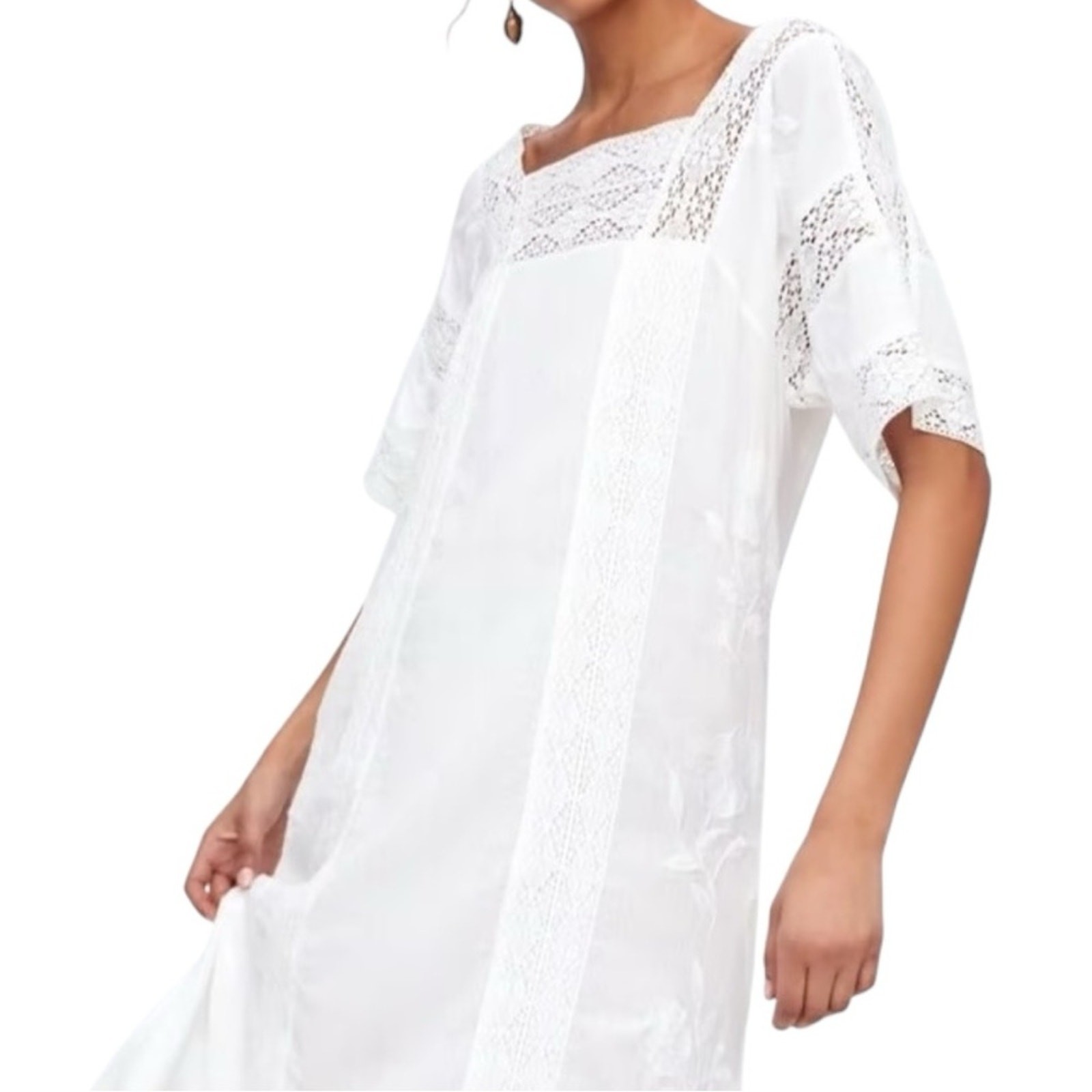 Zara Women’s Size M White Lace Square Neck Embroidered Gauzy Midi Dress