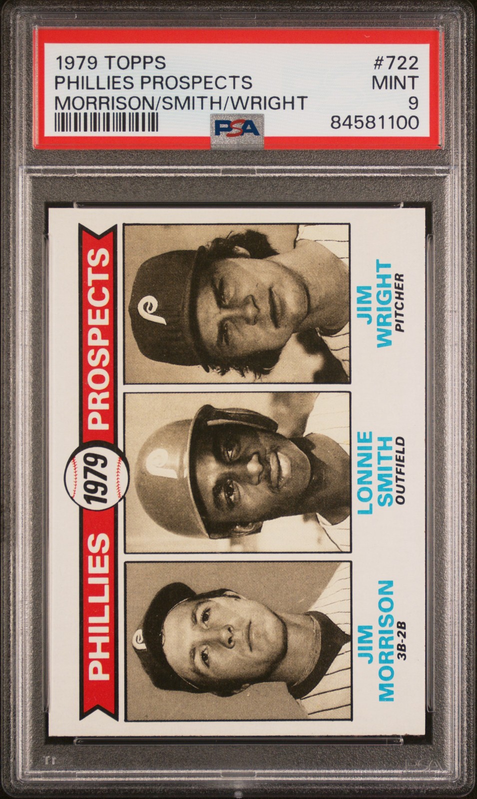 1979 TOPPS MORRISON/SMITH/WRIGHT #722 PHILLIES PROSPECTS PSA 9