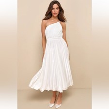 Lulus Alluring Marvel Ivory Pleated Satin One Shoulder Midi Dress Size Medium