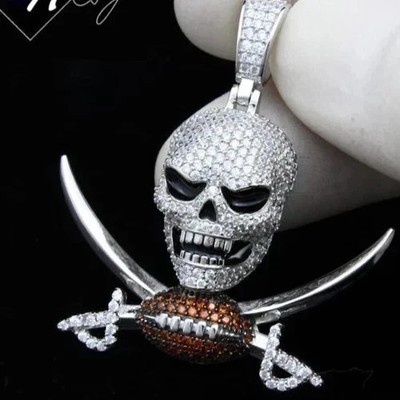 2.50Ct Real Moissanite Men's Skull Head & Sword Pendant 14K White Gold Plated