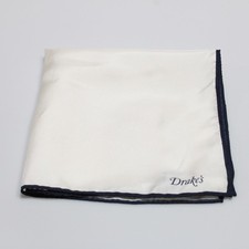 Drake's NWOT 100 Silk Pocket Square In White with Blue Border