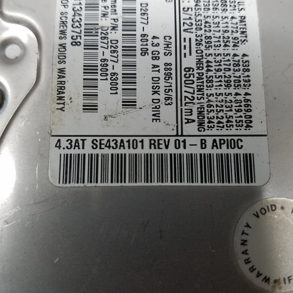 Quantum 4.3AT SE43A101 HP D2677-60105 Hard Drive, 5/12VDC 650/720mA - USED - Image 3 of 4
