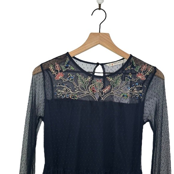 Zara Embroidered Beaded Tulle Overlay Dress Small Navy Blue Swiss Dot  Romantic | eBay