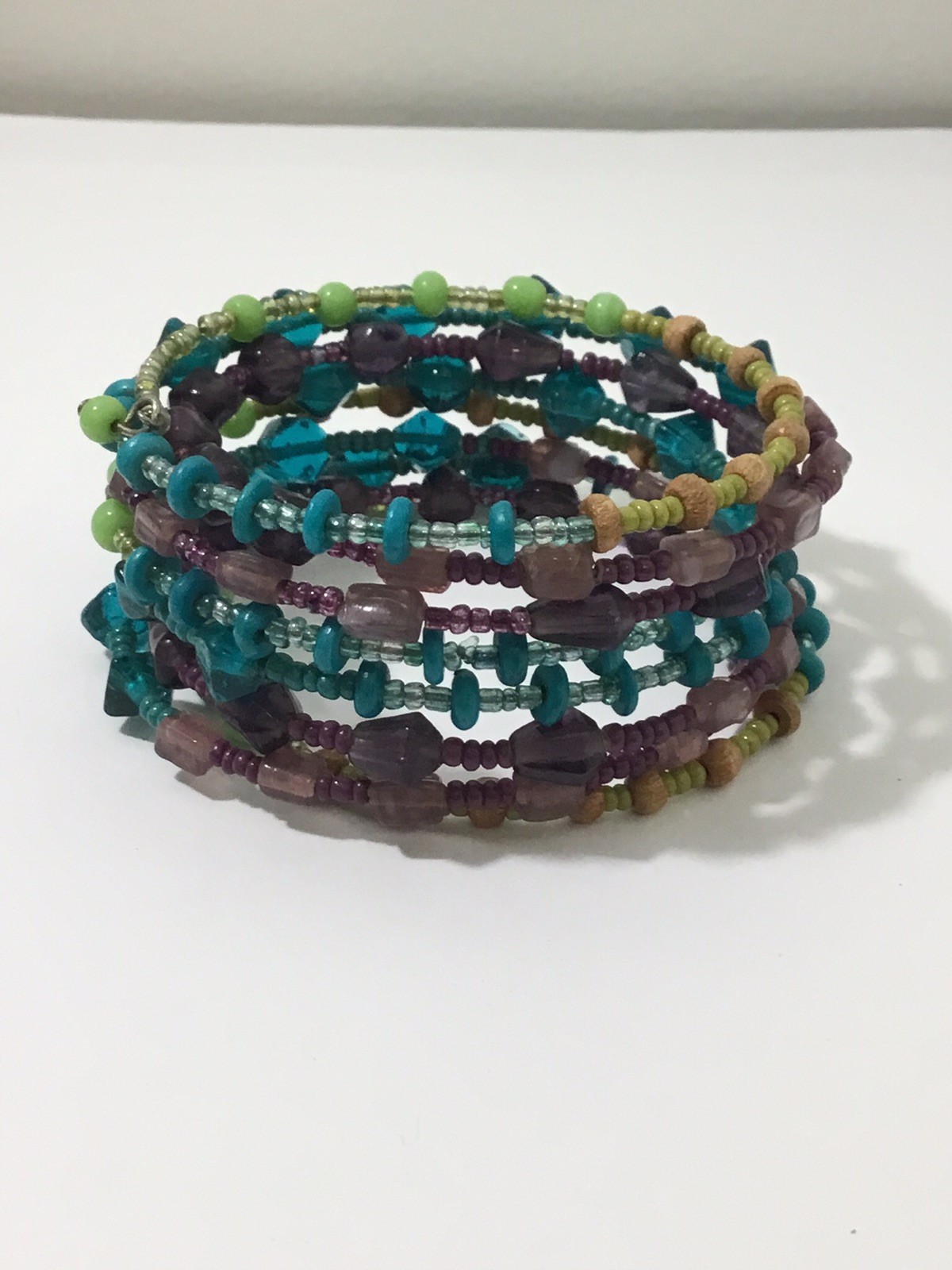 Memory Wire Wrap Beaded Bracelet Multicolor Glass… - image 1