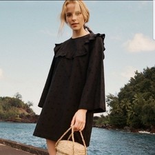 Doen Bronte Dress M 8 Women Casual Ruffle Long Sleeve Black Eyelet Mini NW 46052