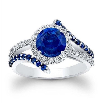 1.80 Ct Round Natural Sapphire Diamond Engagement Ring 14K White Gold Size 8.5