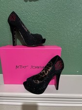 Betsey Johnson Black Rhinestone Glitter Platform Peep Toe Stiletto Heels 6