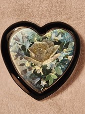 Vintage Heart Shaped Glass Paper Weight Foil Rose Floral Design 3.5 Inches