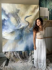 Large Soft Abstract Painting by Emerging Artist, Natural Tones and Bird Flying