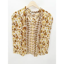 Loft Yellow Floral Leaf Pleated Lightweight Blouse Womens Size S Fall Office 