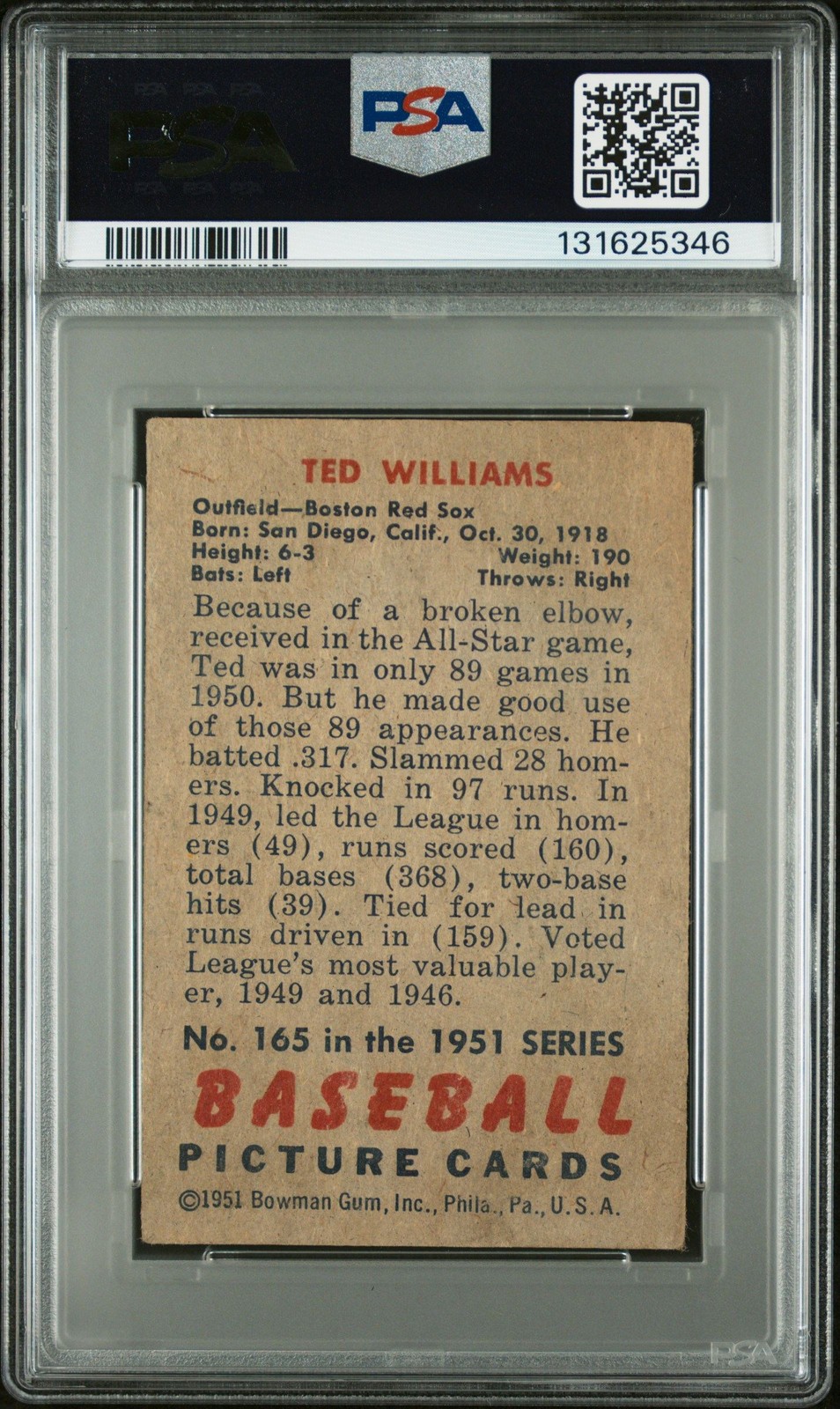 Ted Williams 1951 Bowman PSA 2 #165 Boston Red Sox view 2