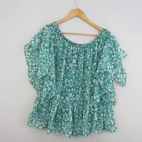 Fate + Becker Top Womens 10 Green White Floral Ruffle Peplum Blouse Casual Flowy