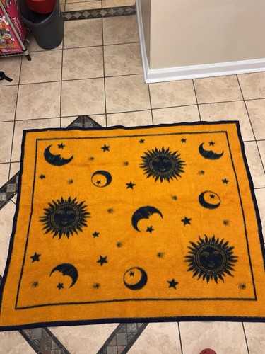 Vintage Biederlack Celestial Sun Moon Stars Reversible Blanket Throw Blue Yellow
