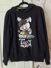 BKYS Lucky Charm Black Hoodie Pullover L Bunny Graphic Beaded Streetwear Womens
