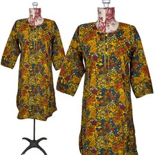 Vtg 70s Indian FLORAL DRESS India Festival Boho Maxi Robe Colorful Hippie Kaftan