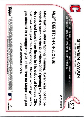 2022 Topps Chrome Aggiornamento Zaffiro Steven Kwan RC Rookie Debutto #US17 Guardiani - Foto 2 di 2