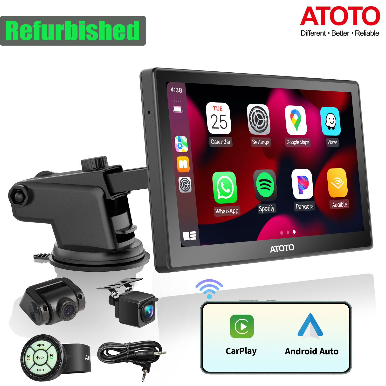 ATOTO P8 7" Portable Car Stereo+Dash&Rear Camera+Remote Control Wireless Carplay