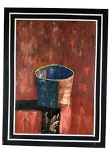 24" Oil Painting Canvas Still Life Abstract Vase Cup Red Background Study Art