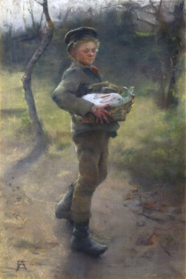 FIRST LOVE YOUNG MAN BASKET RABBIT GIFT WOMAN  PAINTING BY ELIZABETH FORBS REPRO