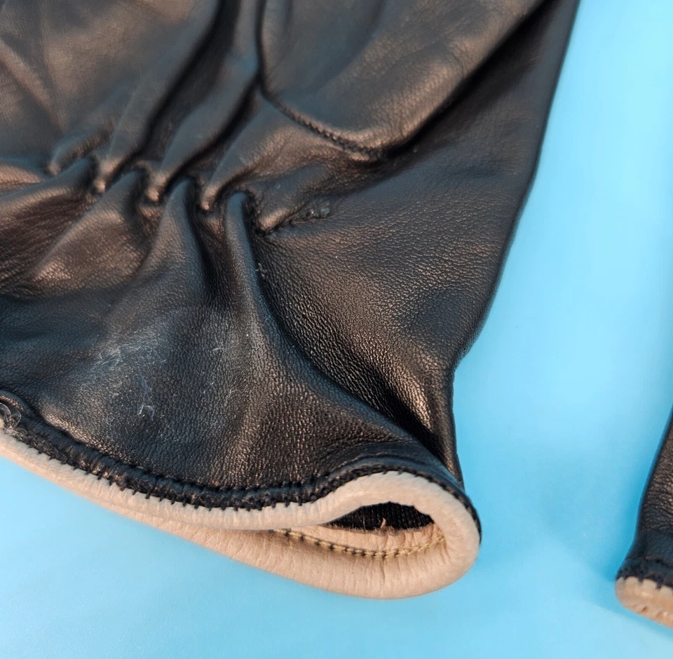 Luvas de couro femininas vintage listras pretas bronzeadas feitas na Itália tamanho 6.5 - Imagem 3 de 4