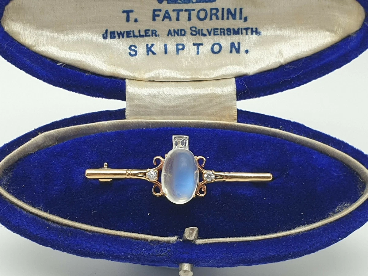 Cabochon Moonstone Diamond Bar Brooch set in 9ct Yellow Gold
