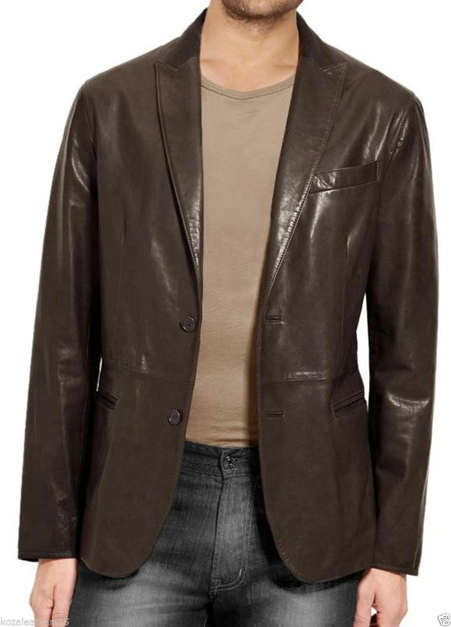 Men's Real Leather Jacket Blazer Coat Genuine Lambskin Two Button Brown Outwear