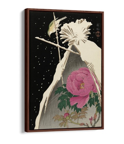 OHARA KOSON, PEONY UNDER A SNOWY SHEAF-FLOAT EFFECT FRAMED CANVAS WALL ART PRINT - Picture 2 of 12