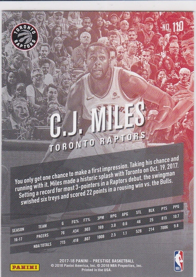 DRAKE Raptors Courtside 2017/18 Prestige Basketball #110 Card C.J. MILES $$ RARE - Image 2 of 2