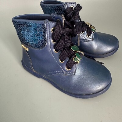 Pablosky Girls Metallic Navy Blue Sequin Lace Up Ankle Boots Butterfly Charms