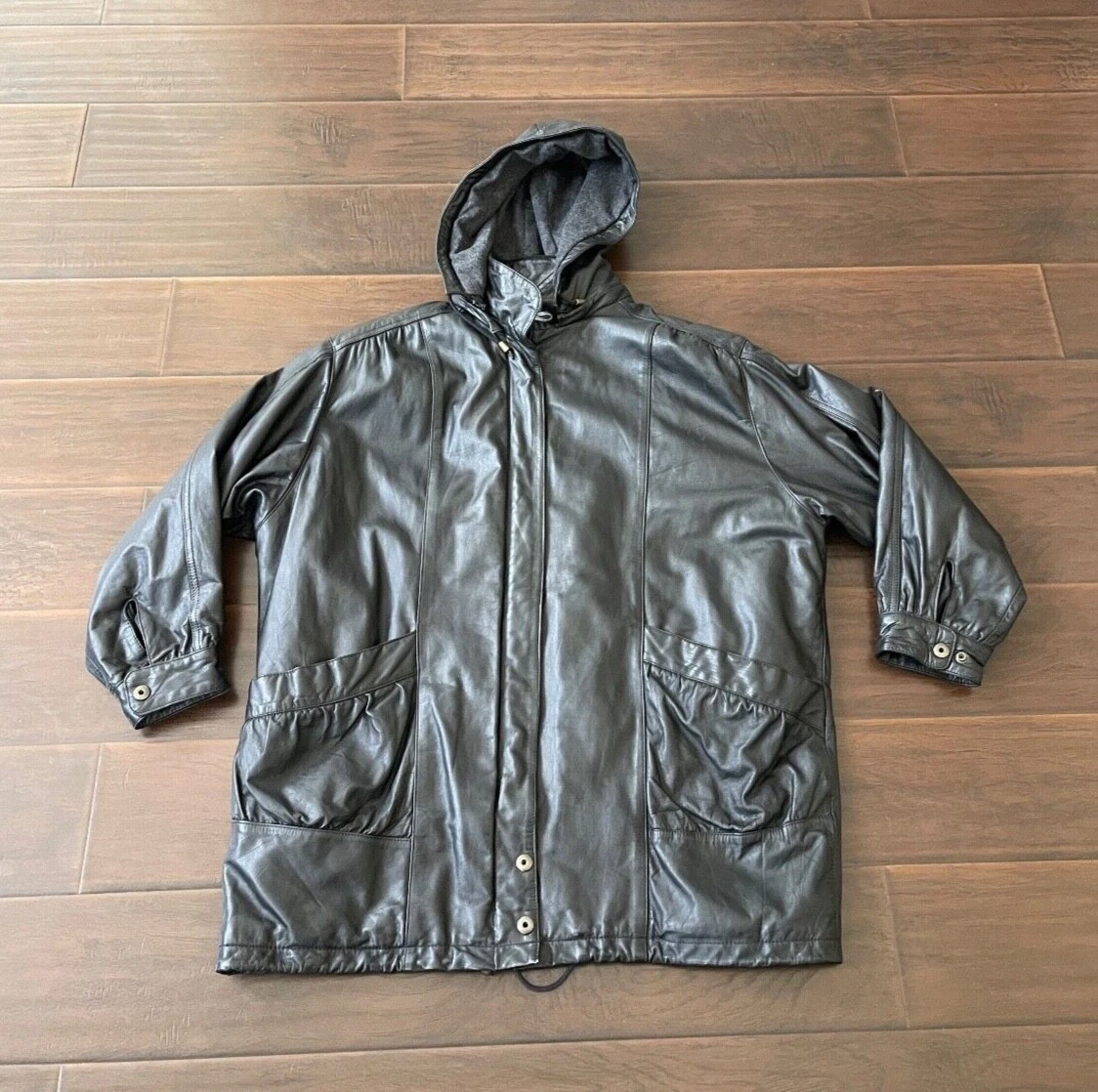 VTG Wilson’s Leather Men's Full Zip Black Jacket Removable Hood Size XL