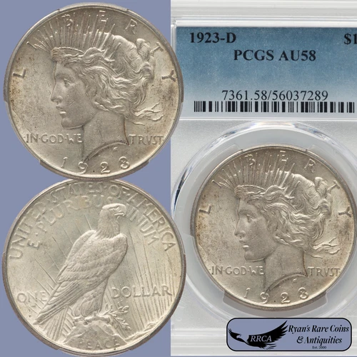 1923 D Peace Silver Dollar PCGS AU58, Almost Uncirculated, Obv Die Crack, C8213