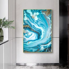 Abstract Blue Seascape With Gold Foil Hand Painted Oil Painting On Canvas