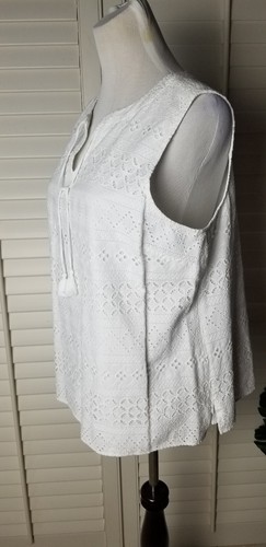 TALBOTS Tie Neck Eyelet Tunic Top PL Sleeveless Blouse White Lined Cotton MINT - Picture 3 of 15