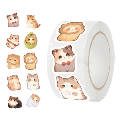 500Pcs Fun Cat Kitty Sticker Roll Decals For Laptops Phone Journal Bottle