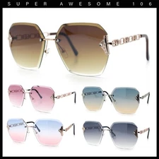 Womens Rhinestone Jewel Chain Arm Rimless Large Butterfly Rectangle Sunglasses
