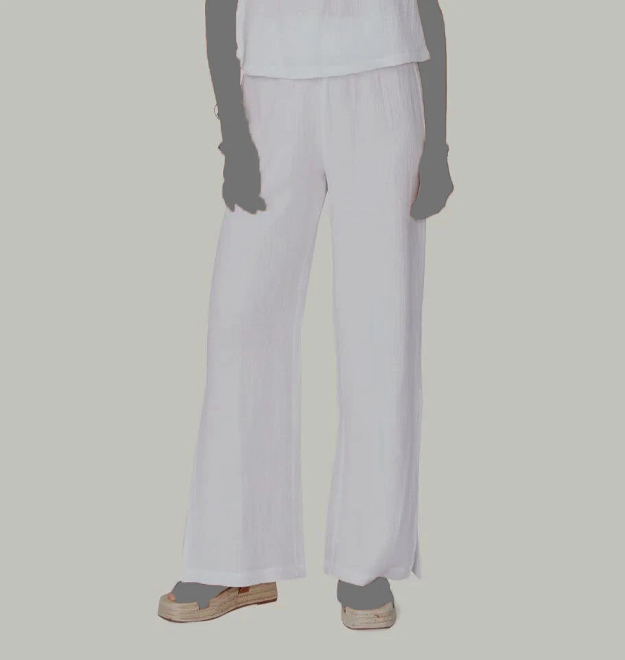 159 Monrow Women s White Gauze Smocked Side Slit Wide Leg Pants Size S