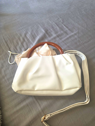White Faux Leather Small Crossbody Bag Top Handle Detachable Strap Gold Zip