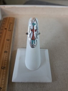 Native American Hopi Sterling Silver Turquoise Kachina Inlay Ring Size 5