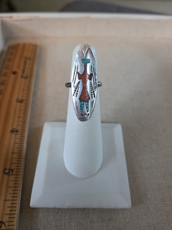 Native American Hopi Sterling Silver Turquoise Kachina Inlay Ring Size 5