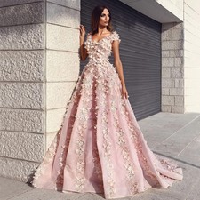 Fashion Pink A Line Prom Dresses O-Neck Lace 3D Flowers Sequins Evening Gowns