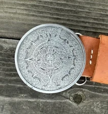 Vintage 1976 Bergamot Brass Mayan  Aztec  Round Belt Buckle  With Leather Belt
