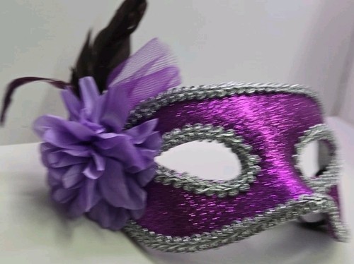 Purple Sequin with a Rose and Feather Masquerade Mask with Glider - Picture 2 of 4