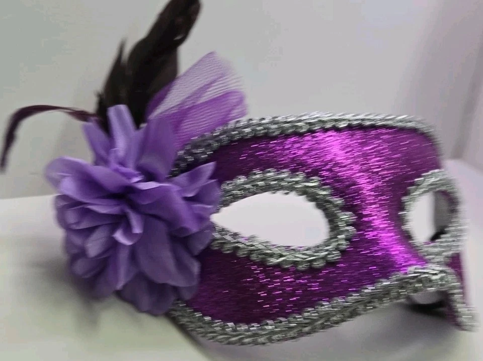 Purple Sequin with a Rose and Feather Masquerade Mask with Glider - Image 2 of 4
