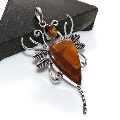Butterfly Australian Outback Jasper Tiger Eye 925 Silver Plated Pendant 3.2'' GW