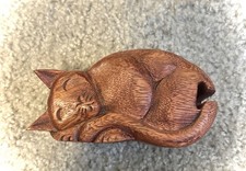 Wood Carved Sleeping Cat Puzzle Box Secret St...