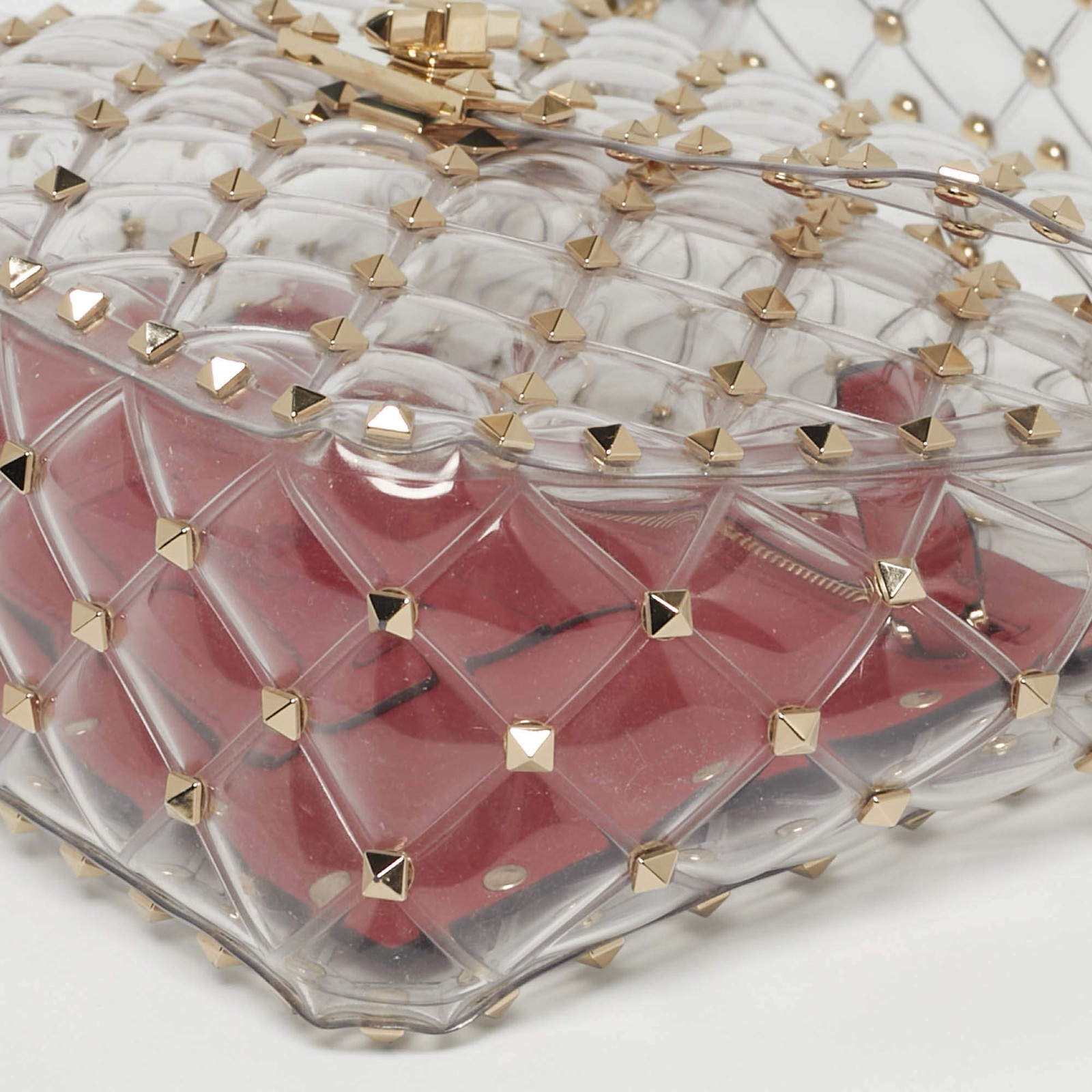 Valentino Transparent Red PVC Medium Rockstud Spike Top Handle Bag image 10