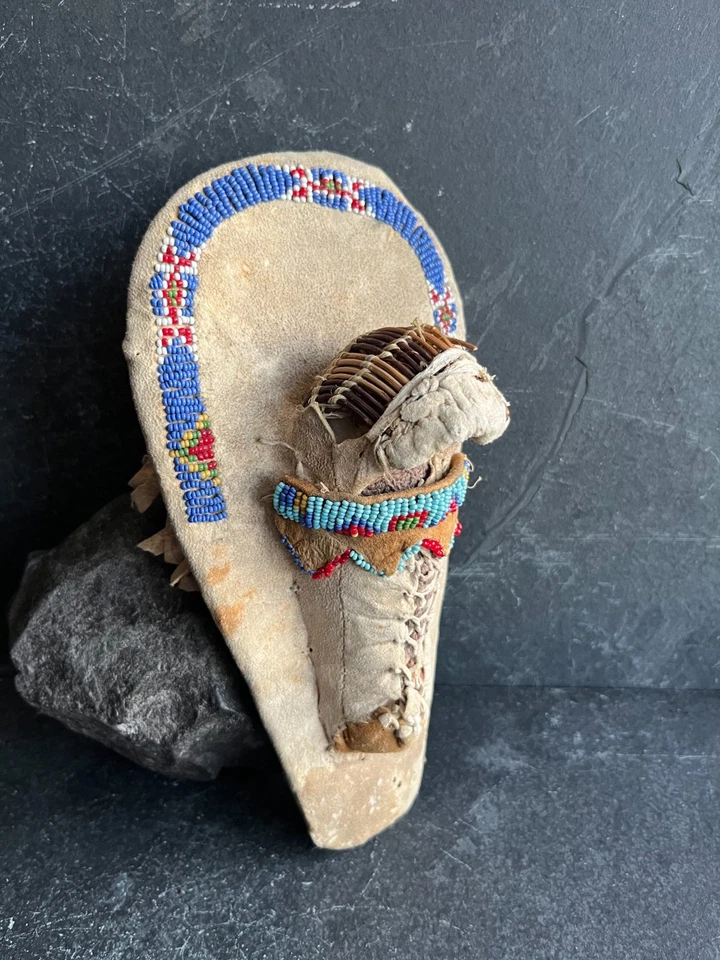 Antique Native American Ute Beaded Hide Miniature Doll Model Toy Cradleboard - Image 2 of 4